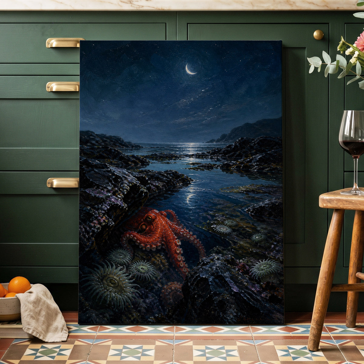 Moonlit Tidepool, blue, black, red nature wall art on canvas displayed in a styled interior, gallery view 2