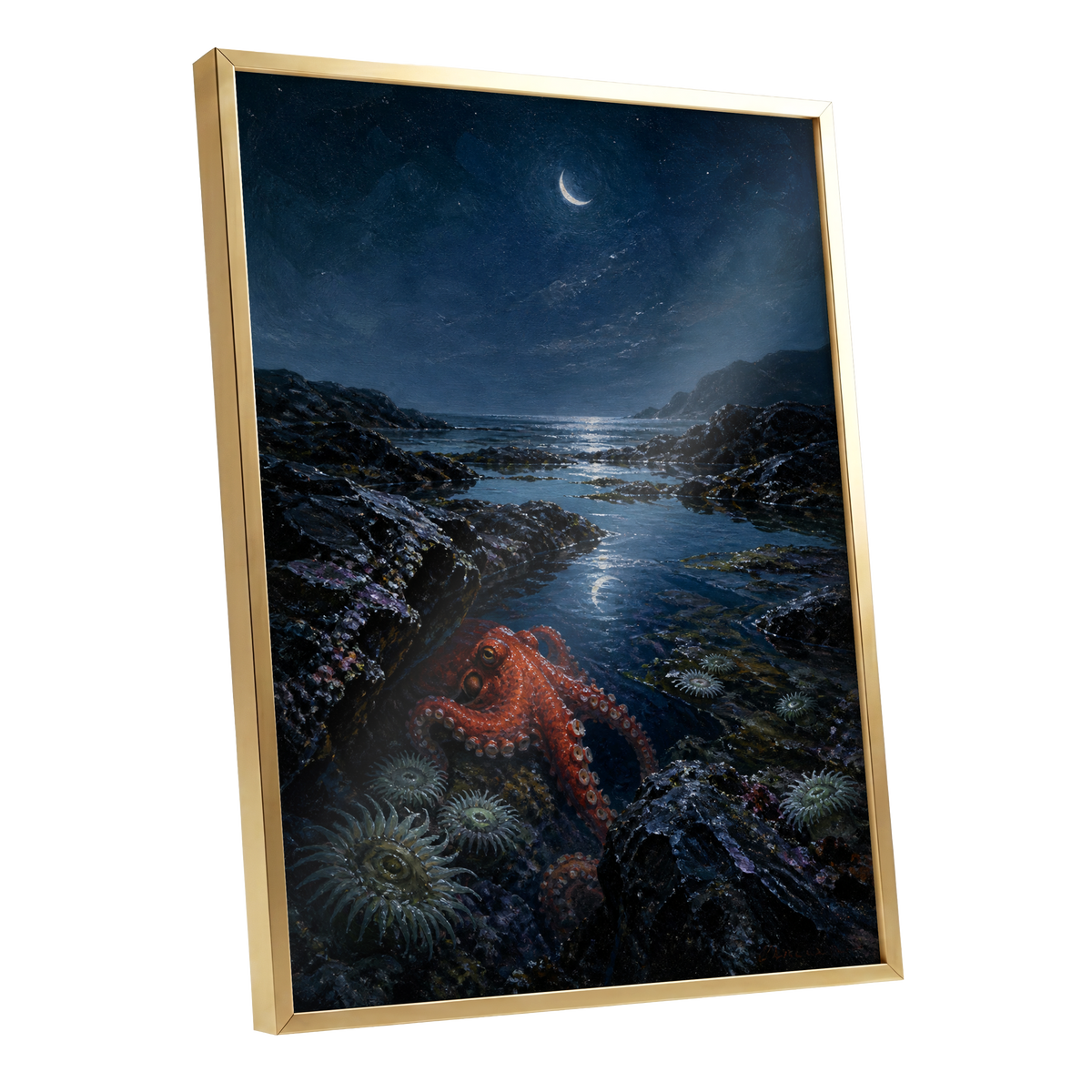 Moonlit Tidepool, blue, black, red nature wall art shown as a gold framed poster wall art print