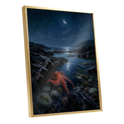 Moonlit Tidepool, blue, black, red nature wall art shown as a gold framed poster wall art print