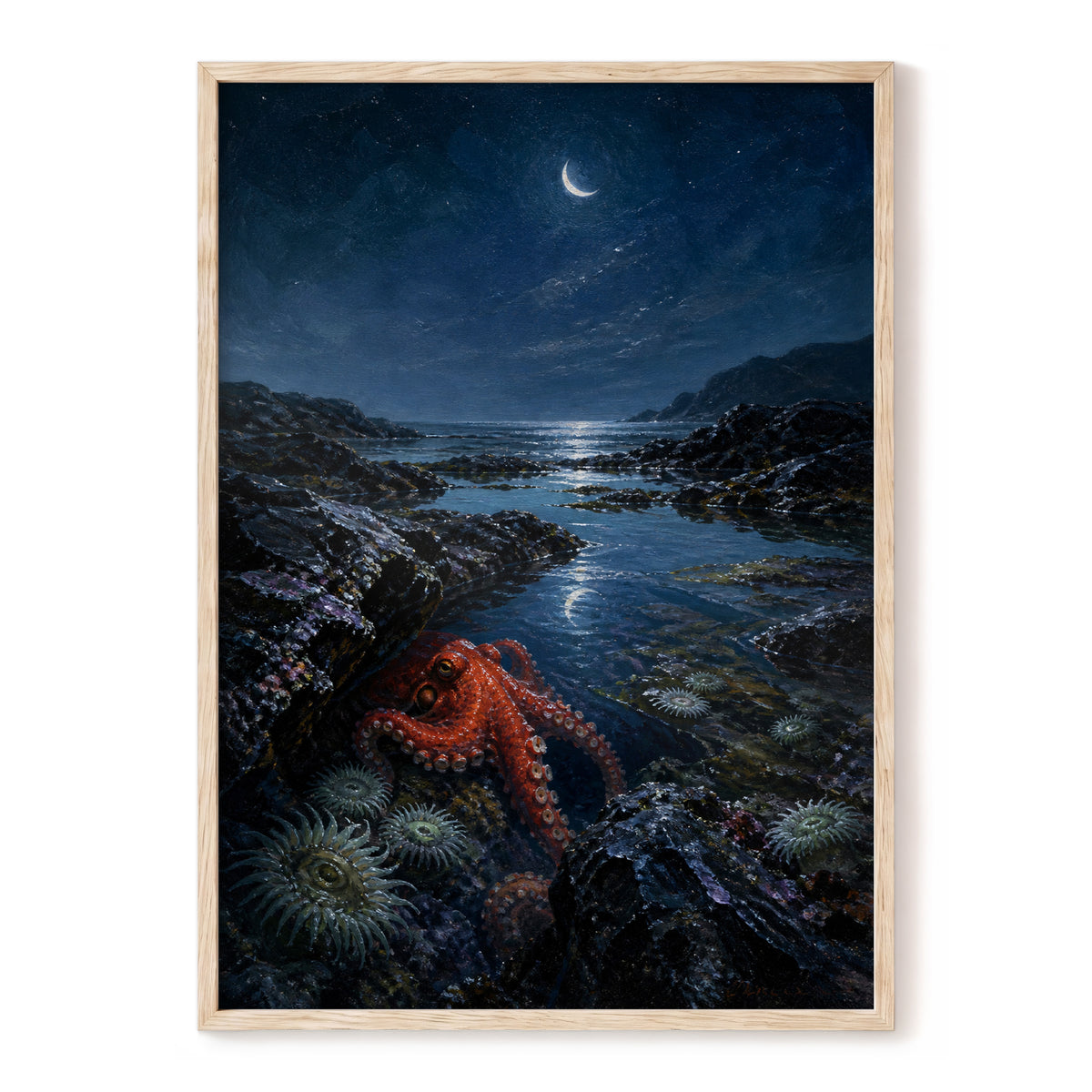 Moonlit Tidepool, blue, black, red nature wall art, front artwork view