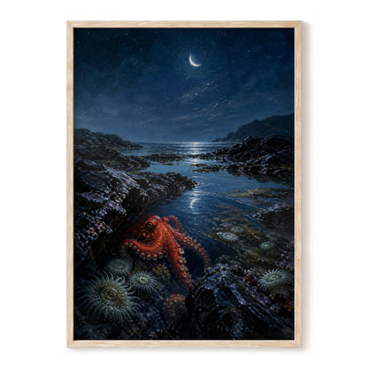 Moonlit Tidepool, blue, black, red nature wall art, front artwork view