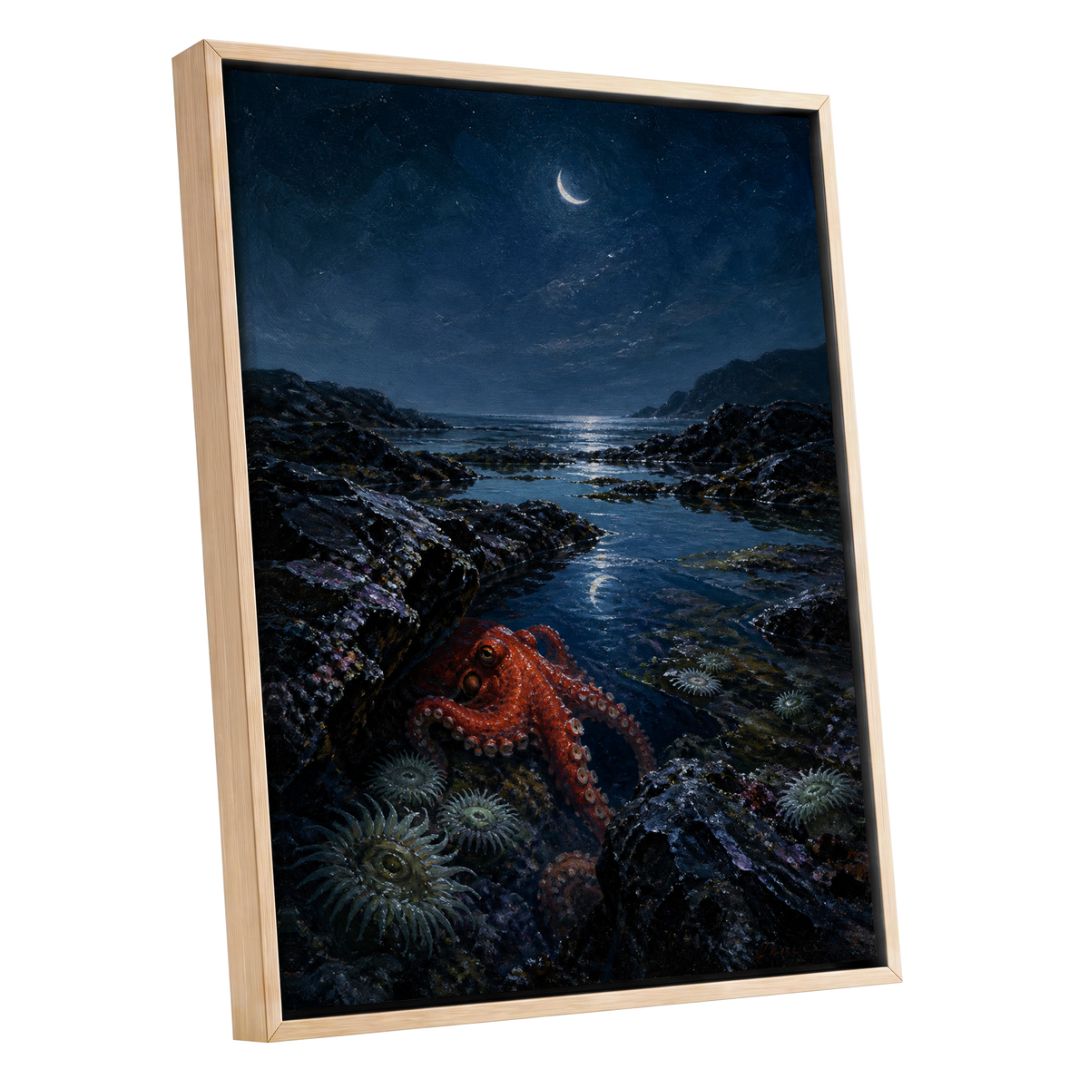 Moonlit Tidepool, blue, black, red nature wall art shown as a oak framed canvas wall art
