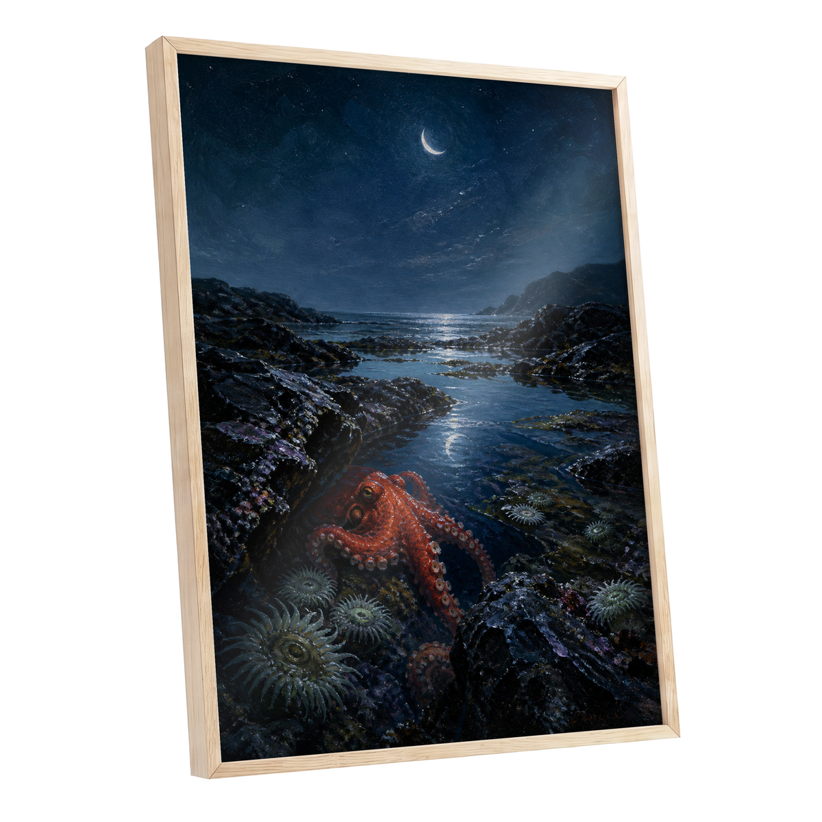 Moonlit Tidepool, blue, black, red nature wall art shown as a oak framed poster wall art print