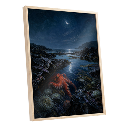 Moonlit Tidepool, blue, black, red nature wall art shown as a oak framed poster wall art print