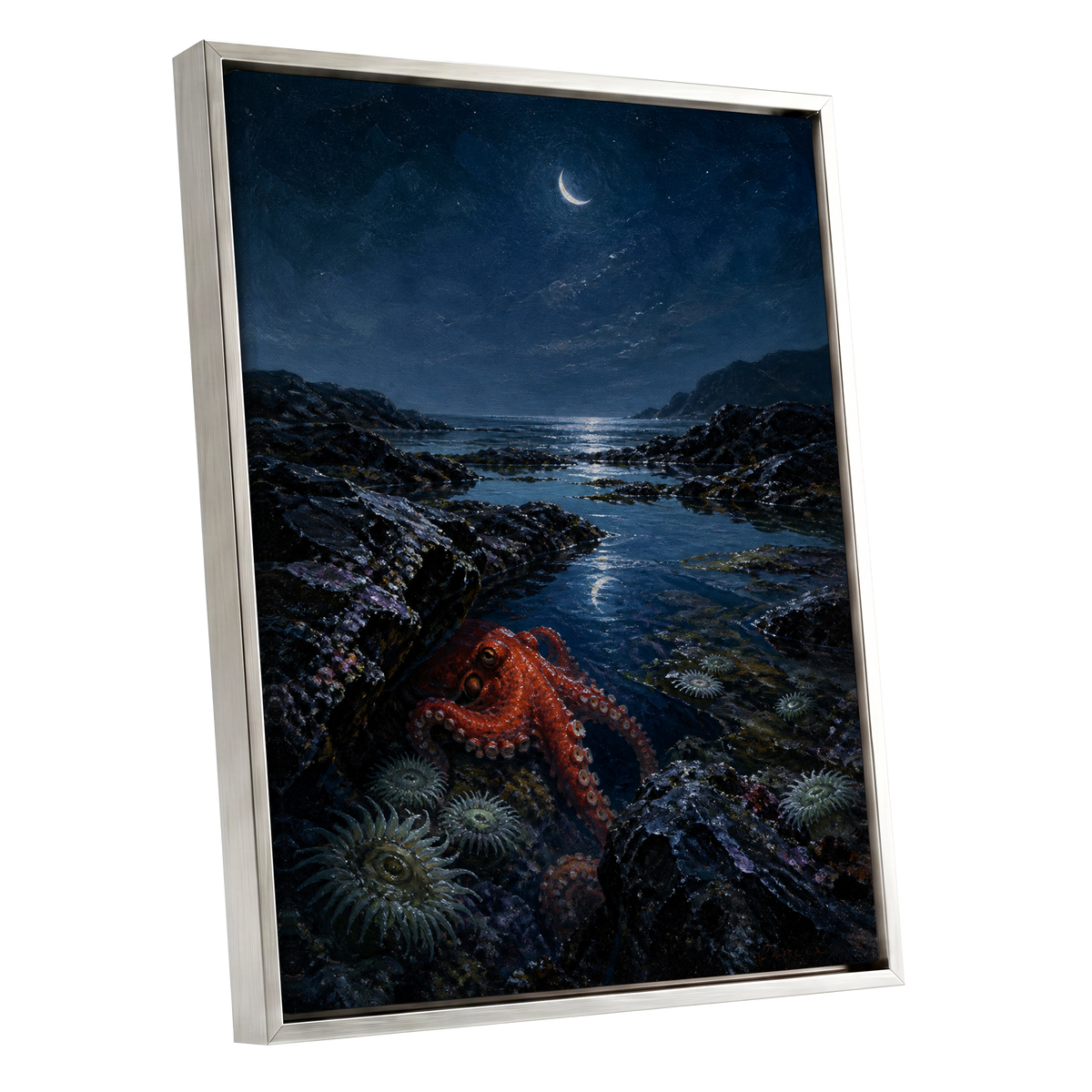 Moonlit Tidepool, blue, black, red nature wall art shown as a silver framed canvas wall art