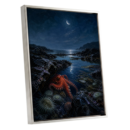 Moonlit Tidepool, blue, black, red nature wall art shown as a silver framed canvas wall art