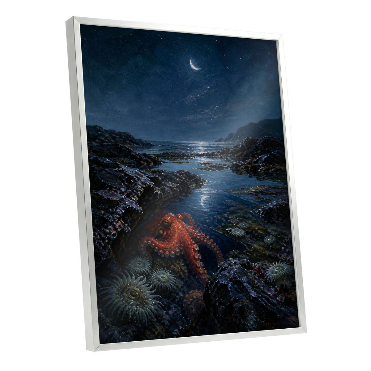 Moonlit Tidepool, blue, black, red nature wall art shown as a silver framed poster wall art print