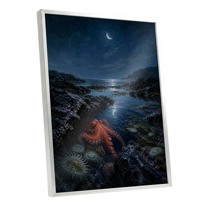 Moonlit Tidepool, blue, black, red nature wall art shown as a silver framed poster wall art print