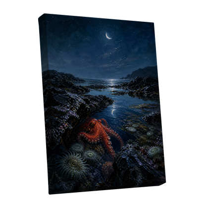 Moonlit Tidepool, blue, black, red nature wall art shown as a stretched canvas wall art