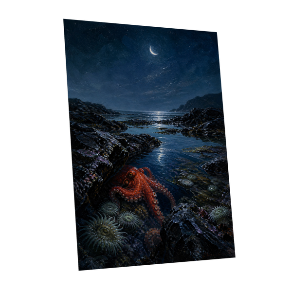 Moonlit Tidepool, blue, black, red nature wall art shown as a unframed poster wall art print