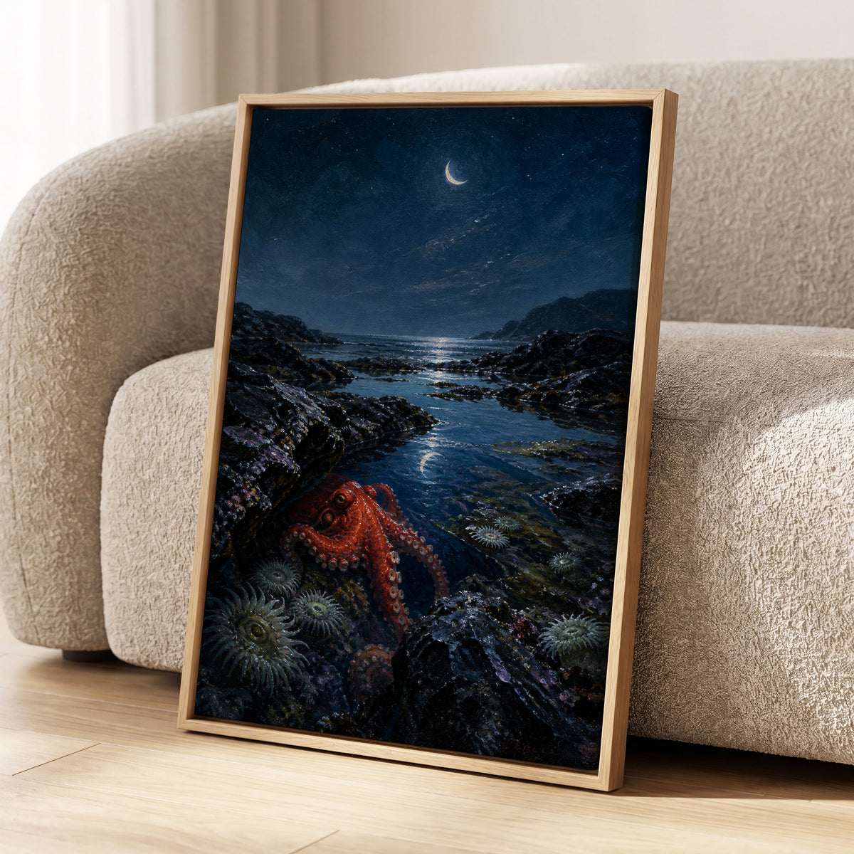 Moonlit Tidepool, blue, black, red nature wall art displayed in a styled interior, gallery view 1