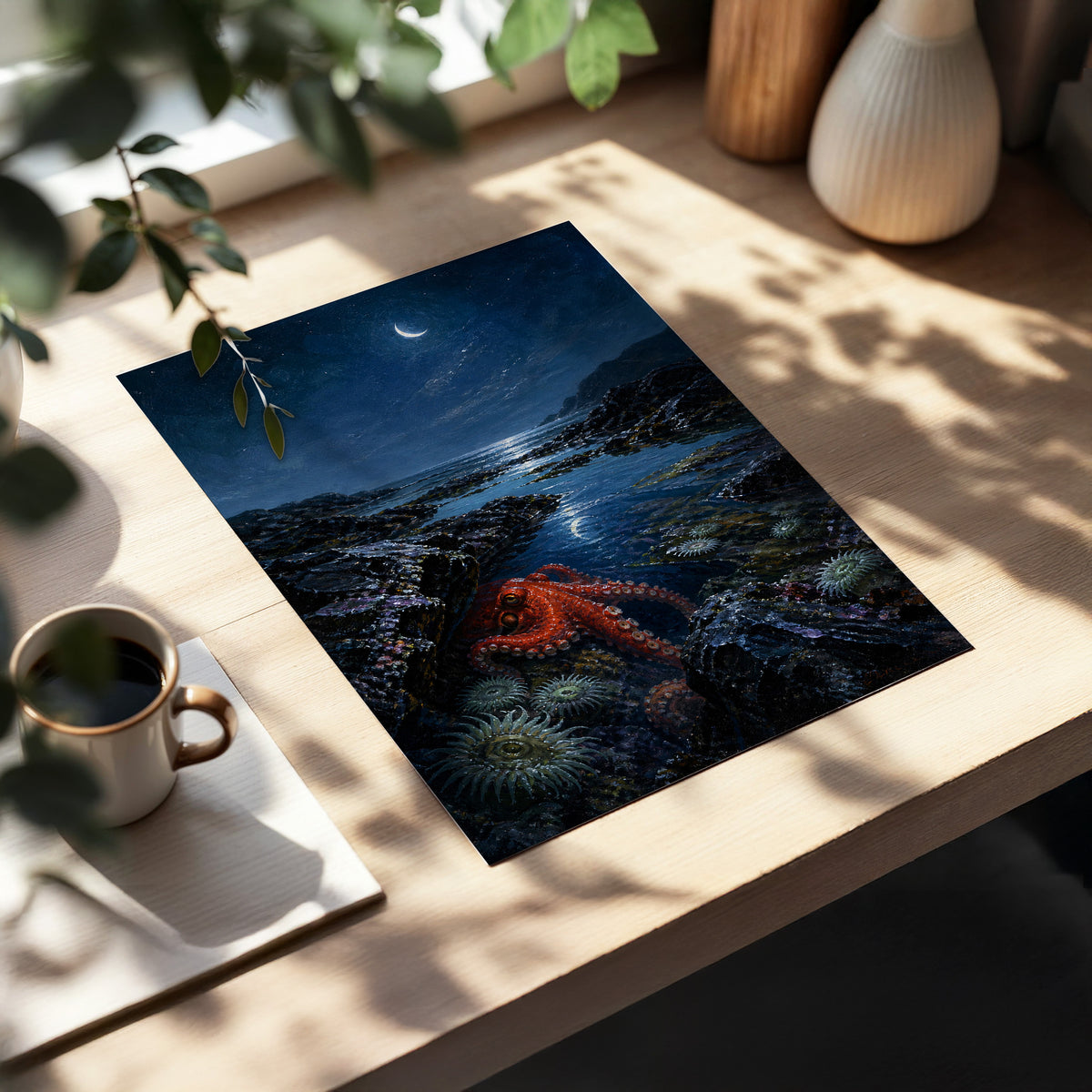 Moonlit Tidepool, blue, black, red nature wall art displayed in a styled interior, gallery view 2