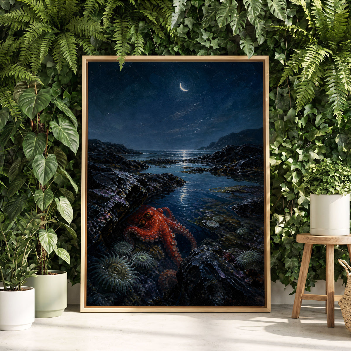 Moonlit Tidepool, blue, black, red nature wall art displayed in a styled interior, gallery view 3