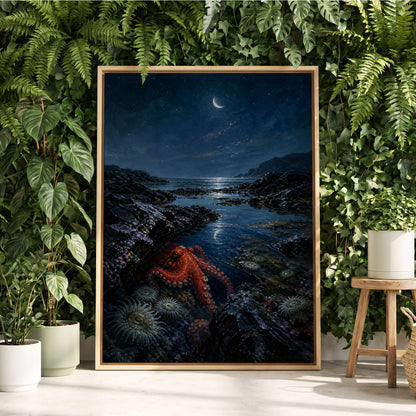 Moonlit Tidepool, blue, black, red nature wall art displayed in a styled interior, gallery view 3