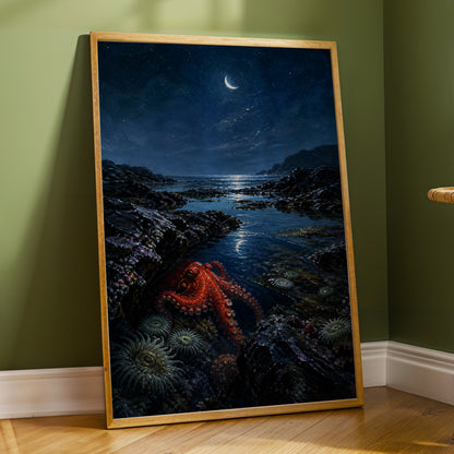 Moonlit Tidepool, blue, black, red nature wall art displayed in a styled interior, gallery view 4