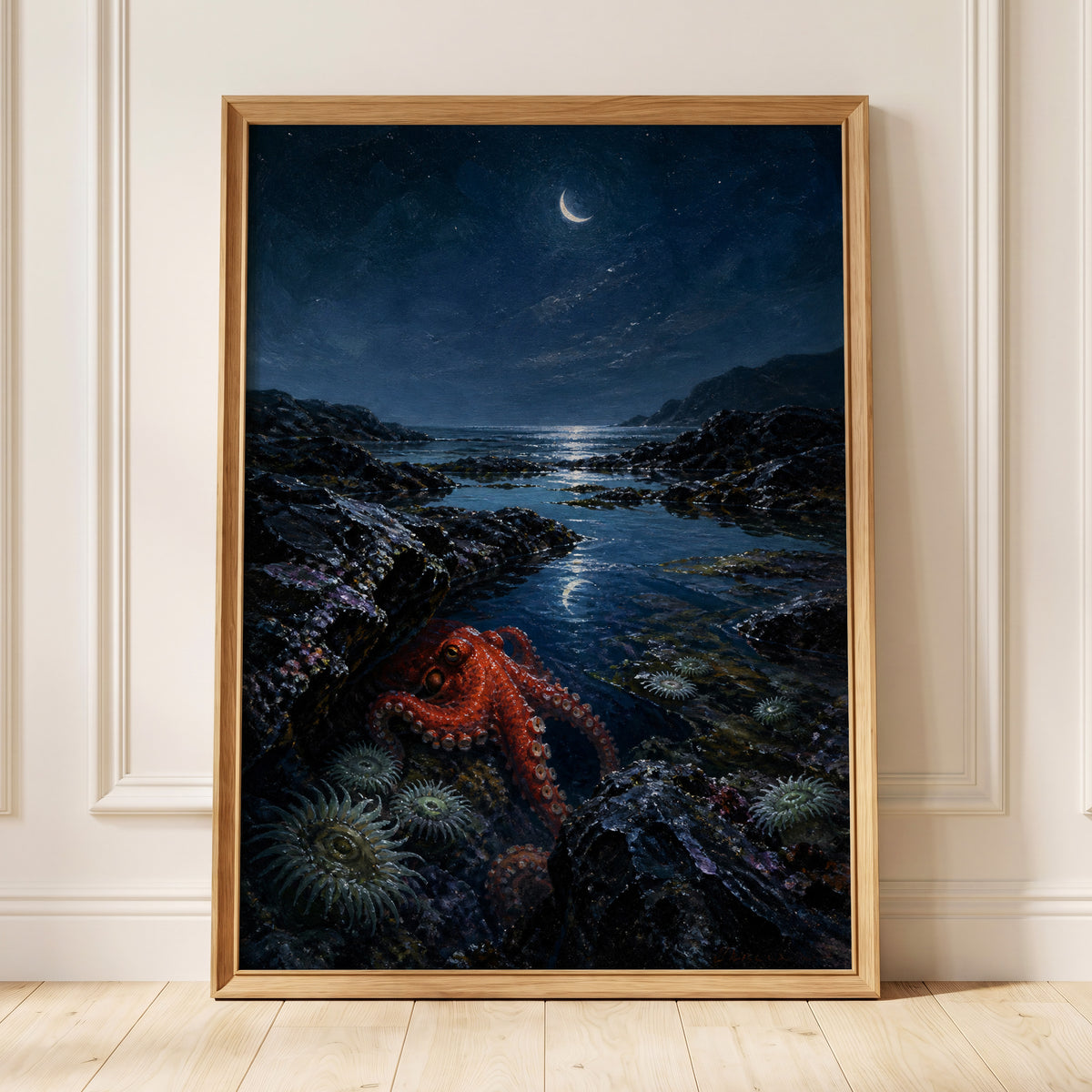 Moonlit Tidepool, blue, black, red nature wall art displayed in a styled interior, gallery view 5