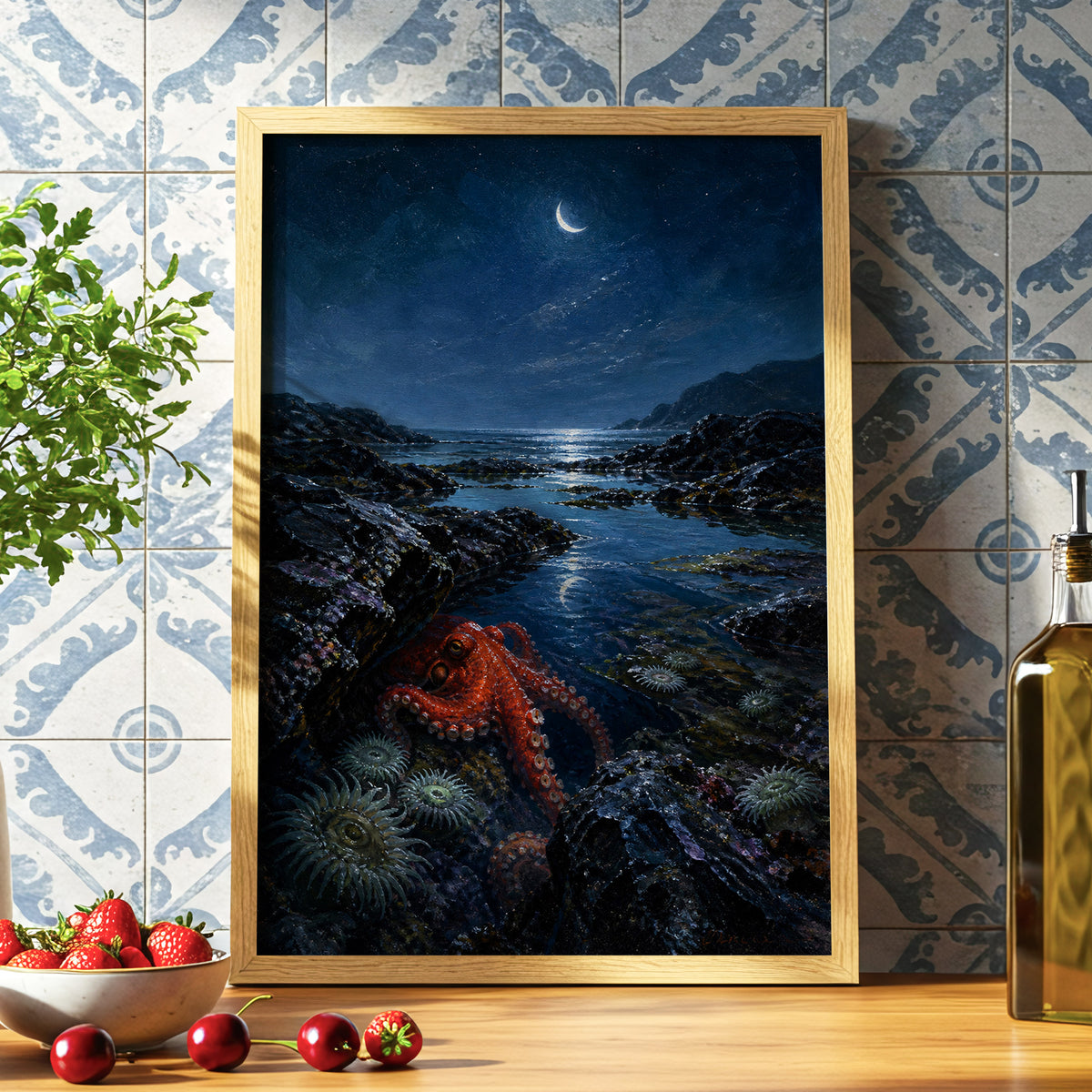 Moonlit Tidepool, blue, black, red nature wall art displayed in a styled interior, gallery view 6