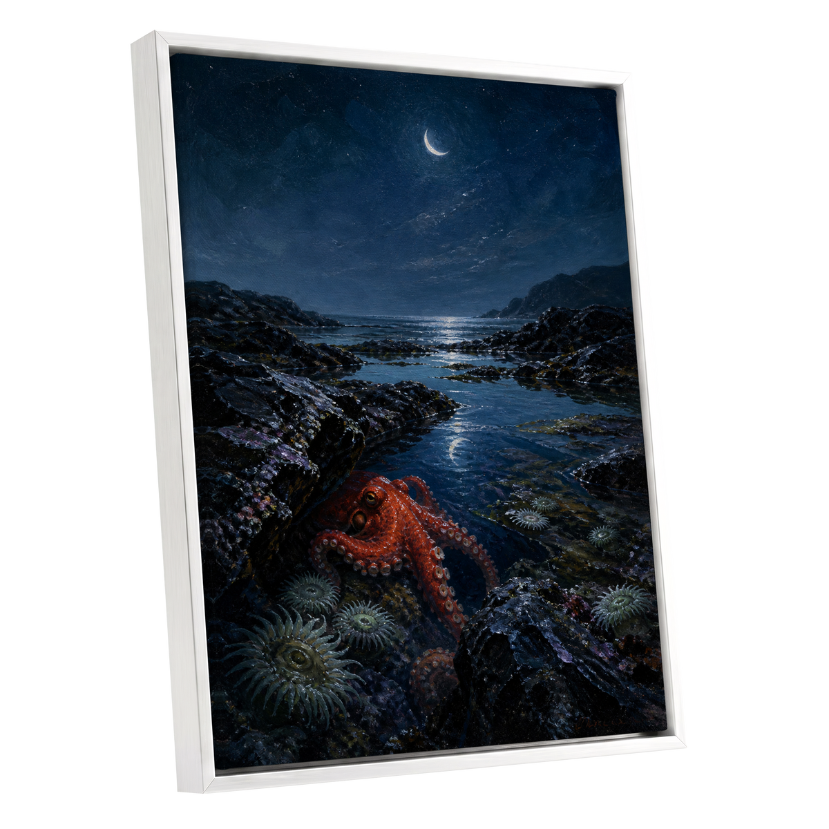 Moonlit Tidepool, blue, black, red nature wall art shown as a white framed canvas wall art