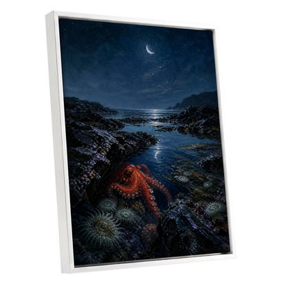 Moonlit Tidepool, blue, black, red nature wall art shown as a white framed canvas wall art