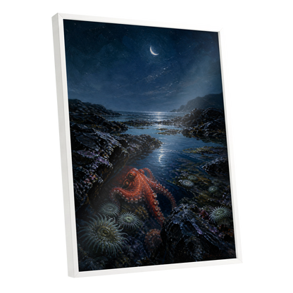 Moonlit Tidepool, blue, black, red nature wall art shown as a white framed poster wall art print