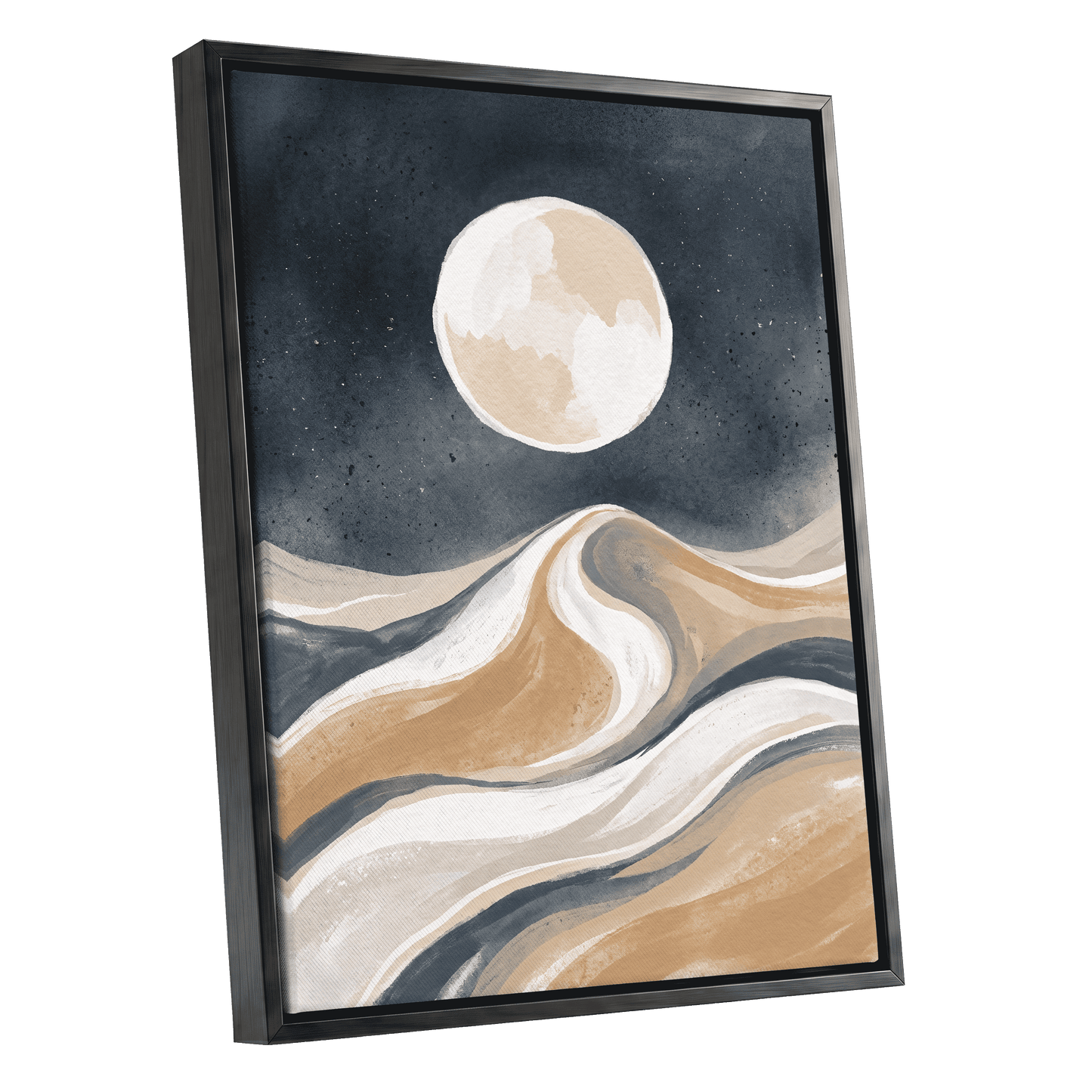 Moonlit Tides, blue, beige, white nature wall art shown as a black framed canvas wall art