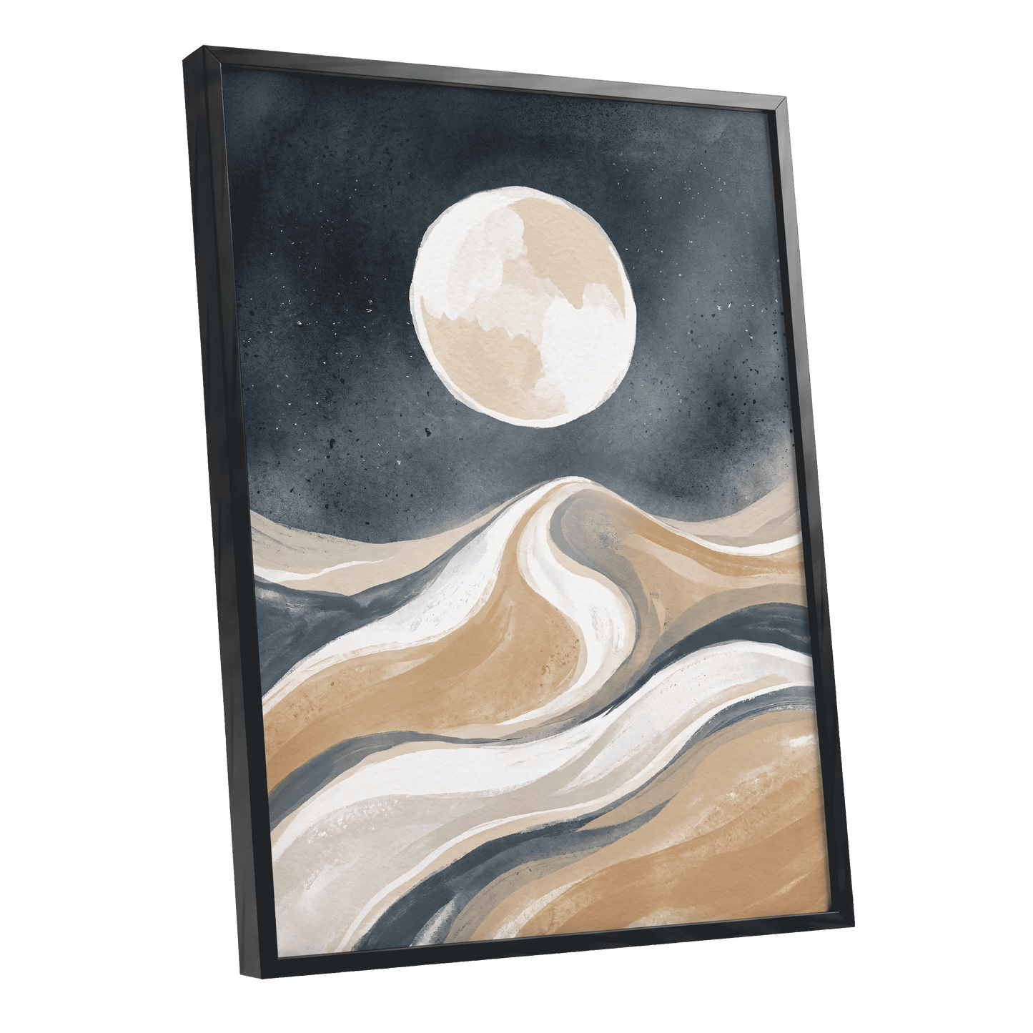 Moonlit Tides, blue, beige, white nature wall art shown as a black framed poster wall art print