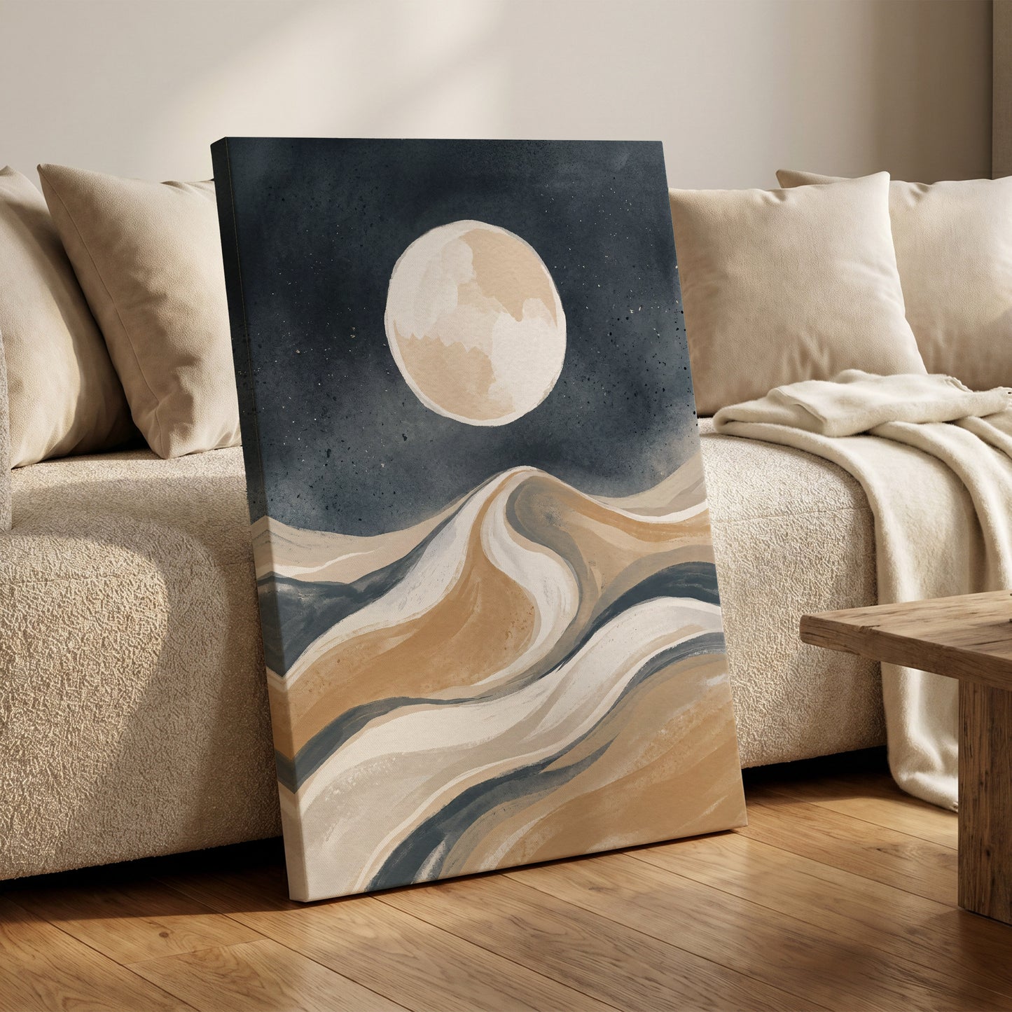 Moonlit Tides, blue, beige, white nature wall art on canvas displayed in a styled interior, gallery view 1
