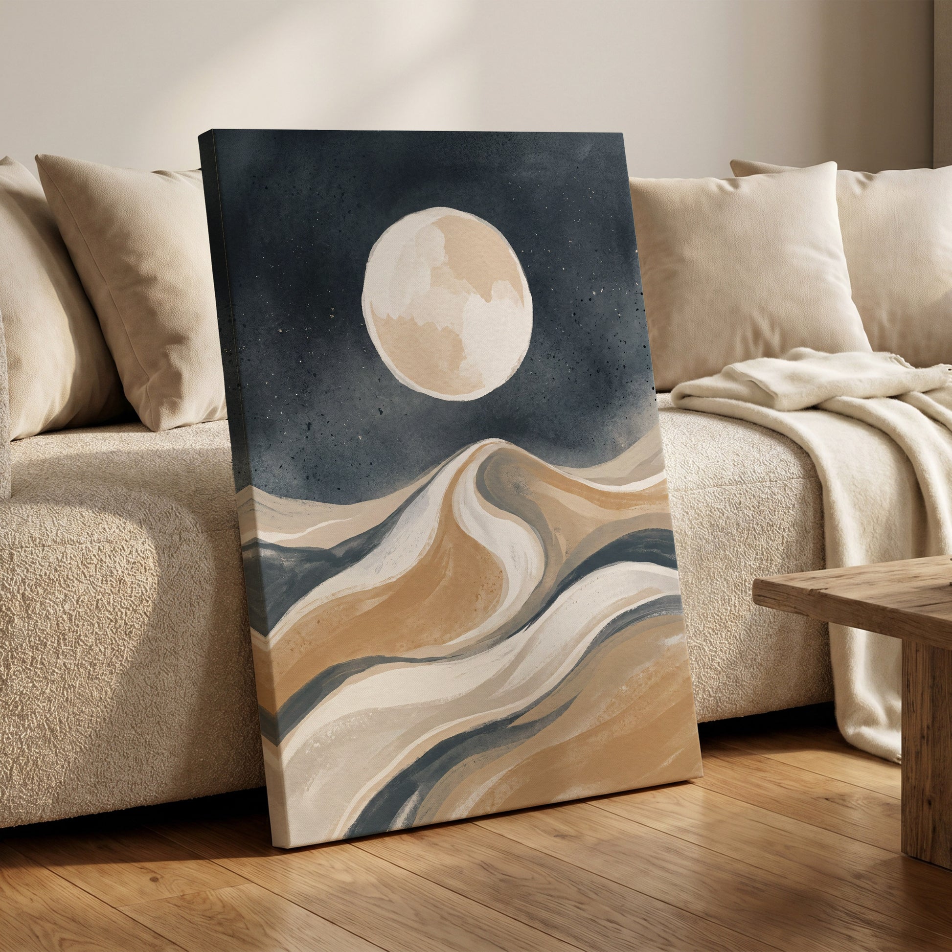 Moonlit Tides, blue, beige, white nature wall art on canvas displayed in a styled interior, gallery view 1
