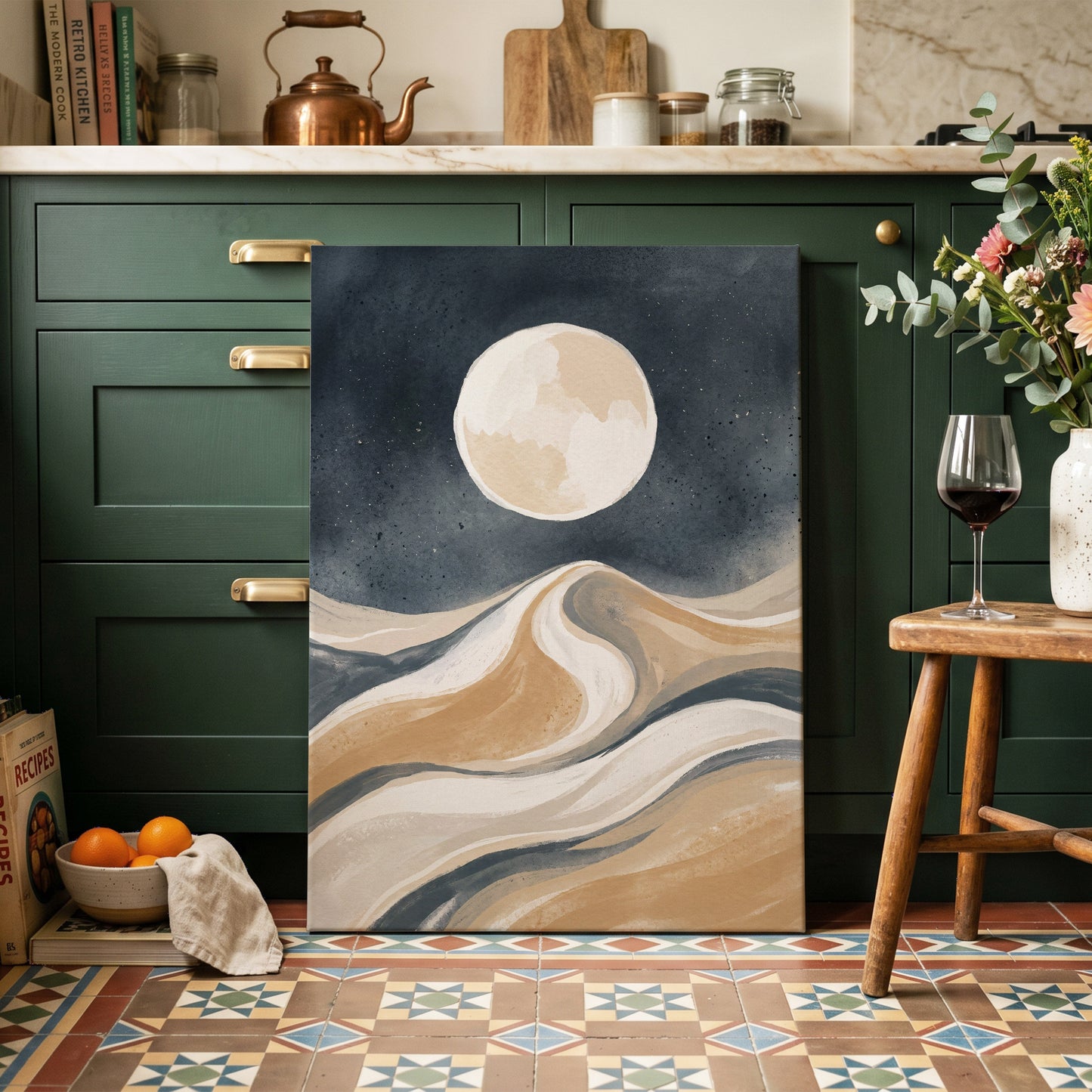 Moonlit Tides, blue, beige, white nature wall art on canvas displayed in a styled interior, gallery view 2