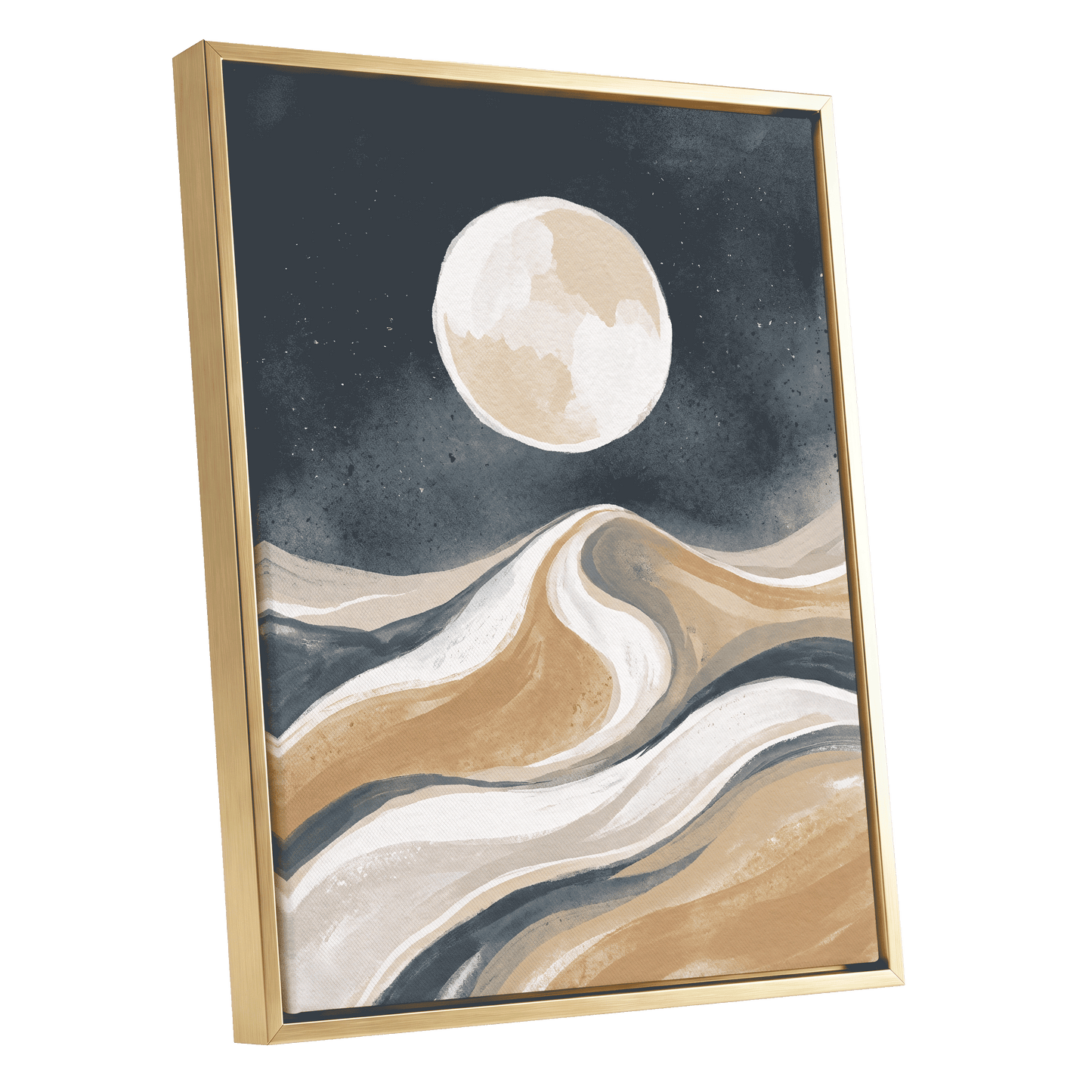 Moonlit Tides, blue, beige, white nature wall art shown as a gold framed canvas wall art