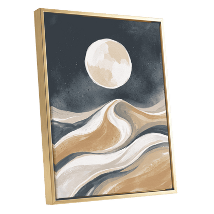 Moonlit Tides, blue, beige, white nature wall art shown as a gold framed canvas wall art