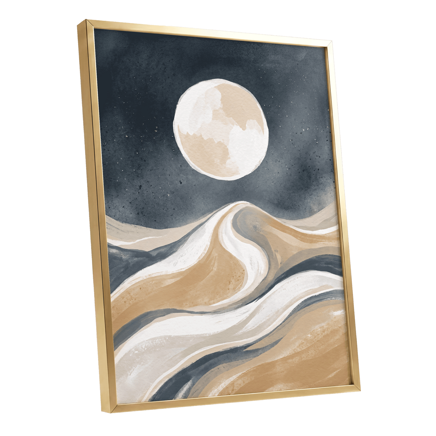 Moonlit Tides, blue, beige, white nature wall art shown as a gold framed poster wall art print