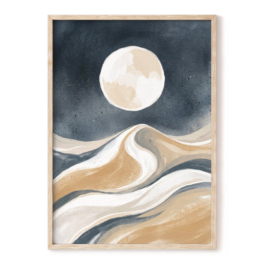 Moonlit Tides, blue, beige, white nature wall art, front artwork view
