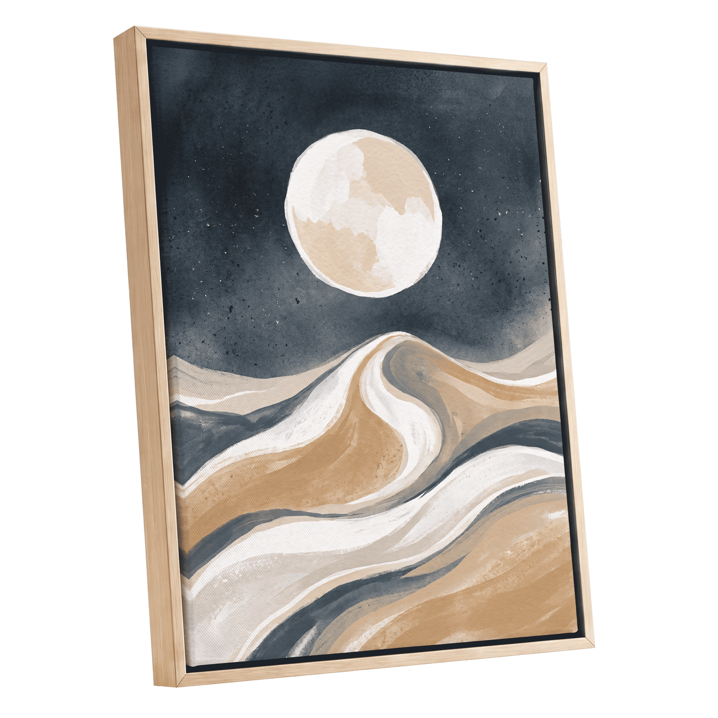 Moonlit Tides, blue, beige, white nature wall art shown as a oak framed canvas wall art