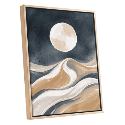 Moonlit Tides, blue, beige, white nature wall art shown as a oak framed canvas wall art