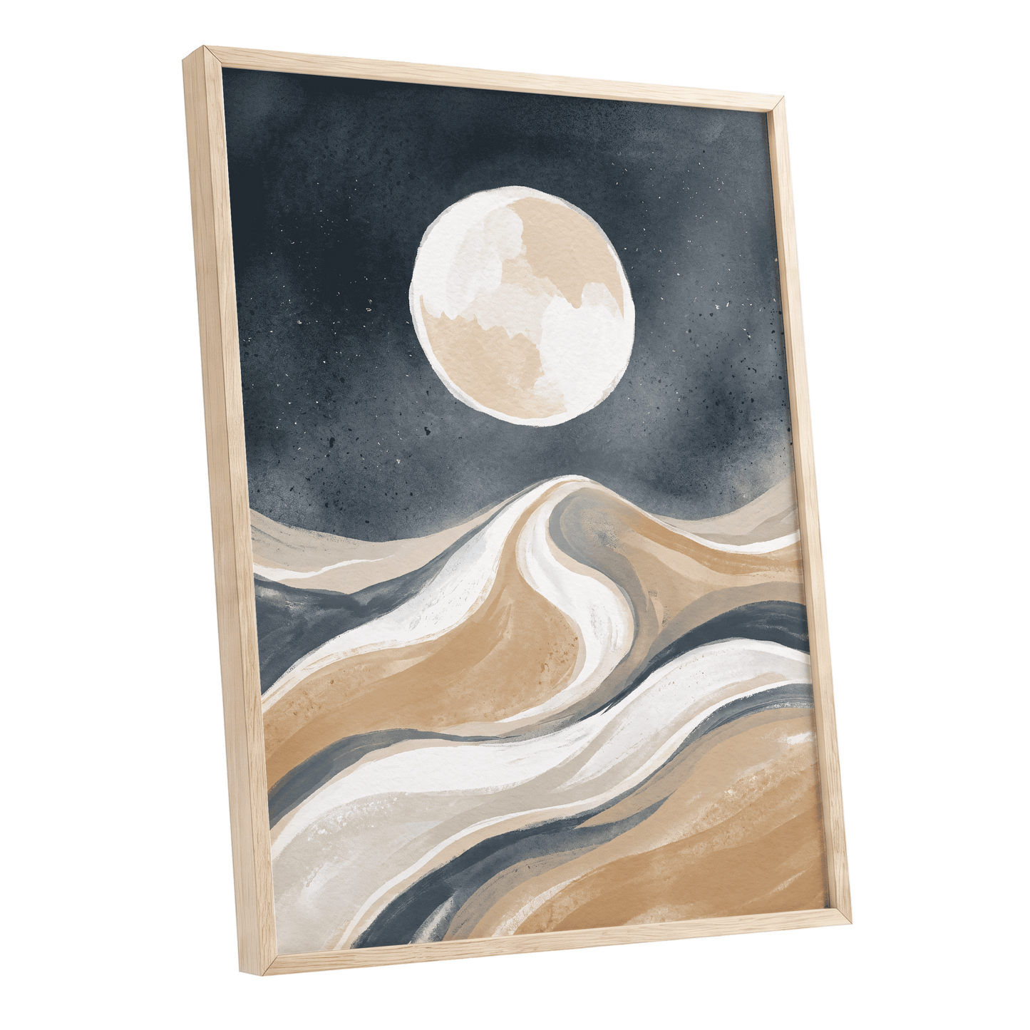Moonlit Tides, blue, beige, white nature wall art shown as a oak framed poster wall art print