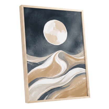 Moonlit Tides, blue, beige, white nature wall art shown as a oak framed poster wall art print