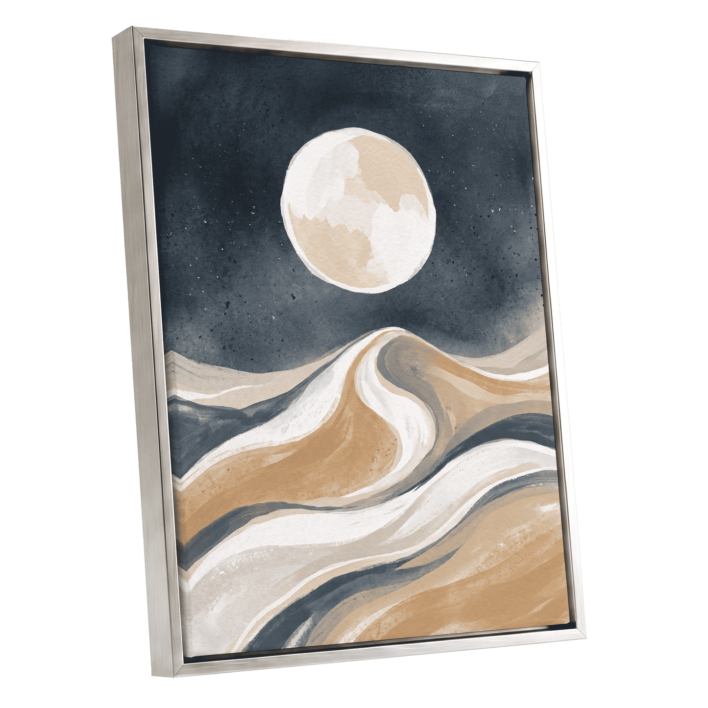 Moonlit Tides, blue, beige, white nature wall art shown as a silver framed canvas wall art