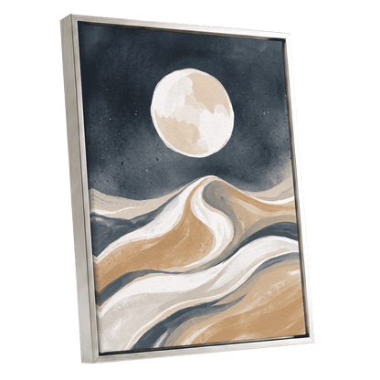 Moonlit Tides, blue, beige, white nature wall art shown as a silver framed canvas wall art