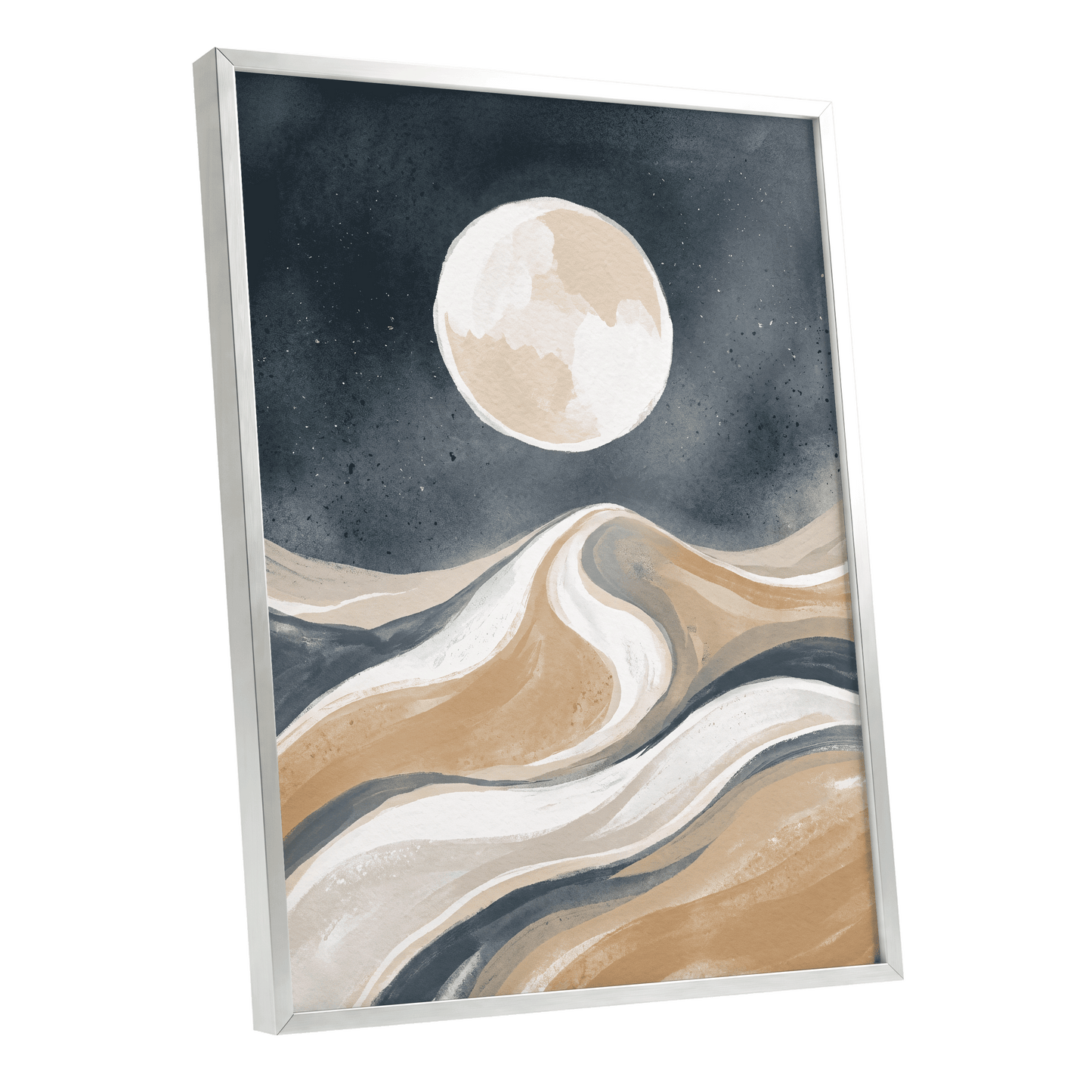 Moonlit Tides, blue, beige, white nature wall art shown as a silver framed poster wall art print