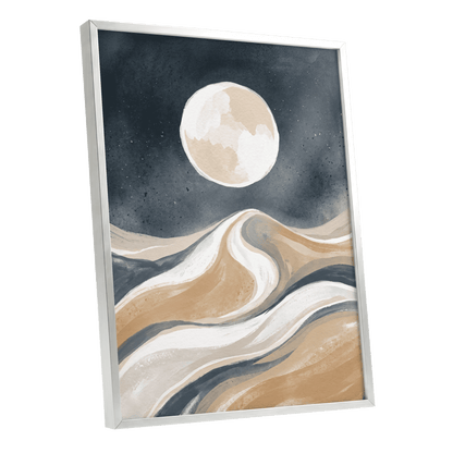 Moonlit Tides, blue, beige, white nature wall art shown as a silver framed poster wall art print