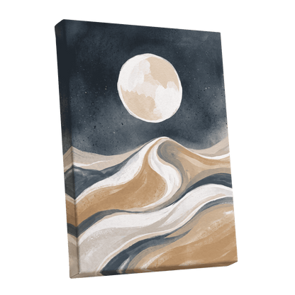 Moonlit Tides, blue, beige, white nature wall art shown as a stretched canvas wall art