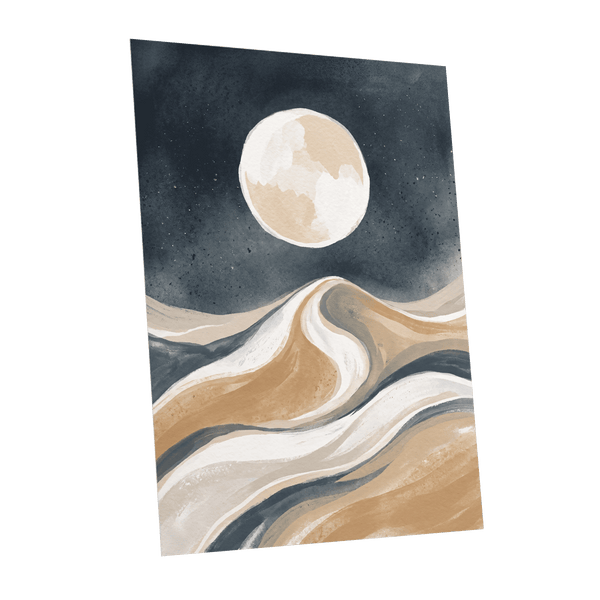 Moonlit Tides, blue, beige, white nature wall art shown as a unframed poster wall art print