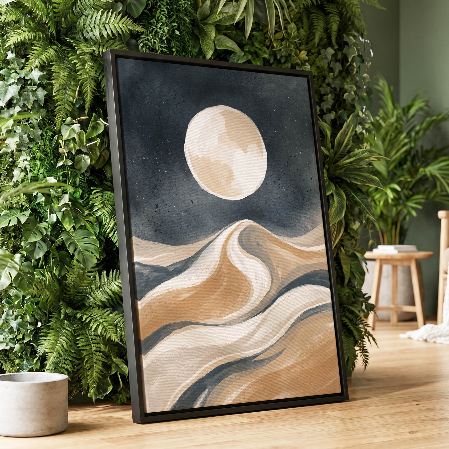 Moonlit Tides, blue, beige, white nature wall art displayed in a styled interior, gallery view 1