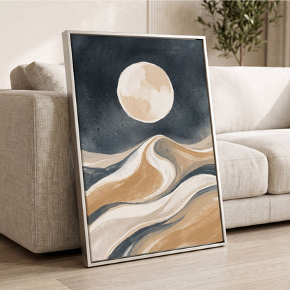 Moonlit Tides, blue, beige, white nature wall art displayed in a styled interior, gallery view 2