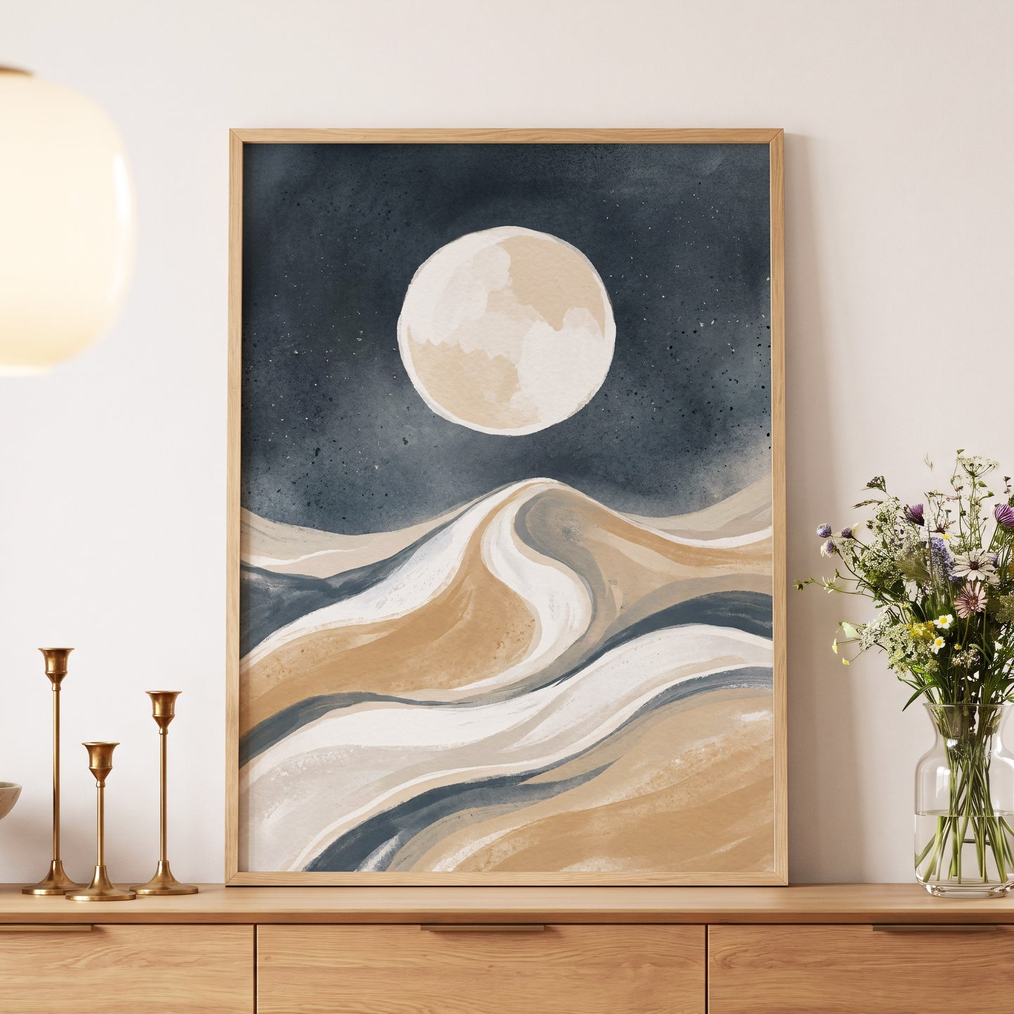 Moonlit Tides, blue, beige, white nature wall art displayed in a styled interior, gallery view 5