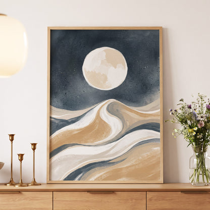 Moonlit Tides, blue, beige, white nature wall art displayed in a styled interior, gallery view 5