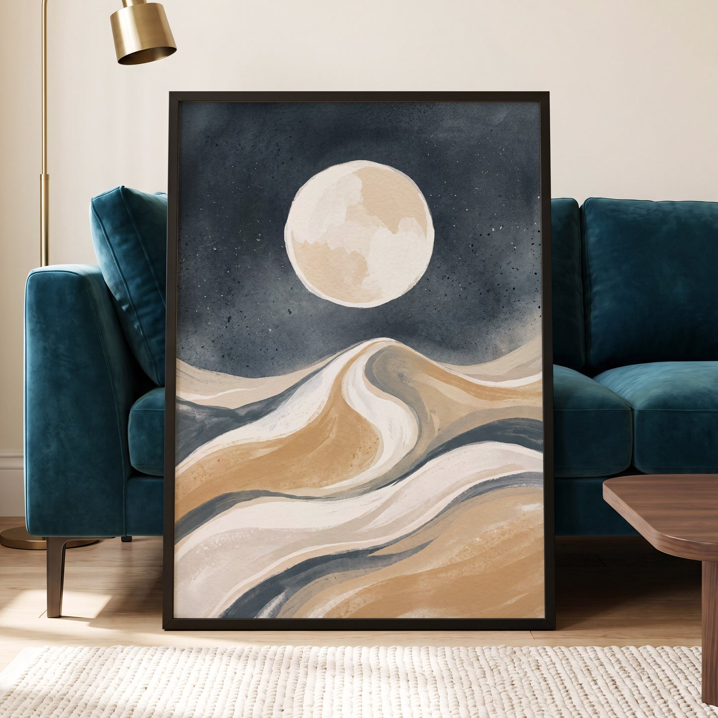 Moonlit Tides, blue, beige, white nature wall art displayed in a styled interior, gallery view 6