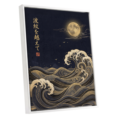 Moonlit Tides, blue, black, gold nature wall art shown as a white framed canvas wall art