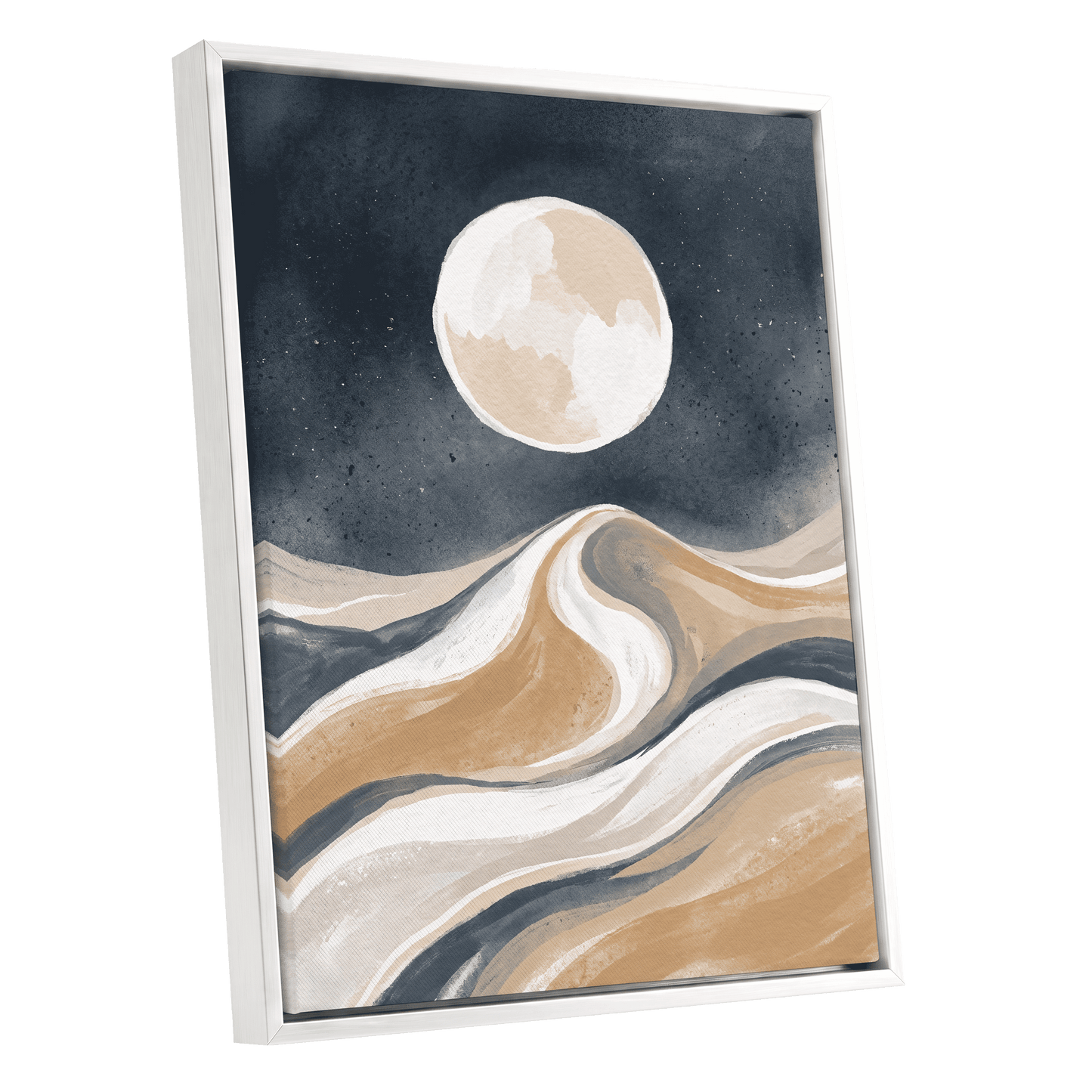 Moonlit Tides, blue, beige, white nature wall art shown as a white framed canvas wall art